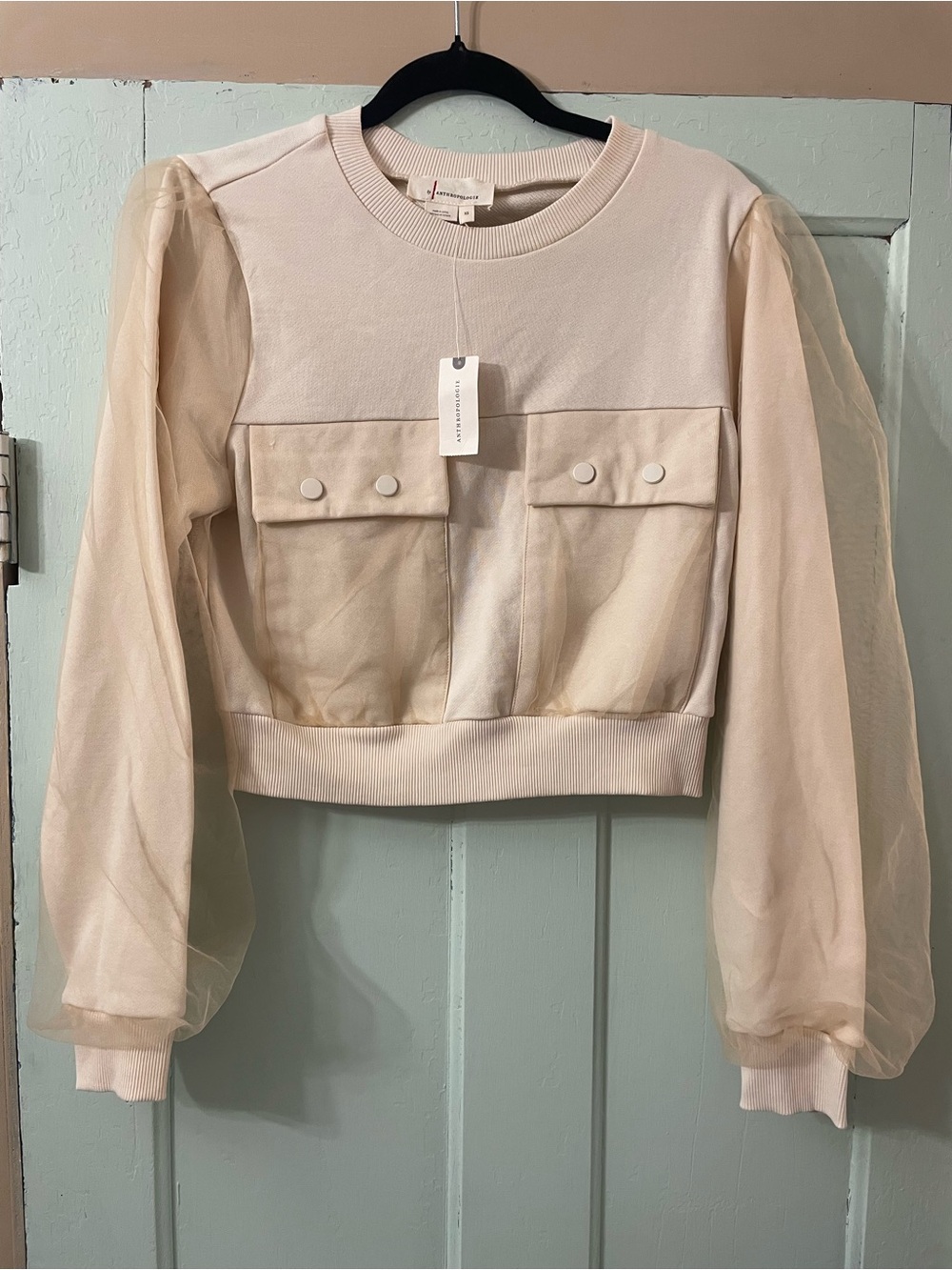 NWT Anthropologie Sheer-Sleeve Cream Cropped Sweatshirt